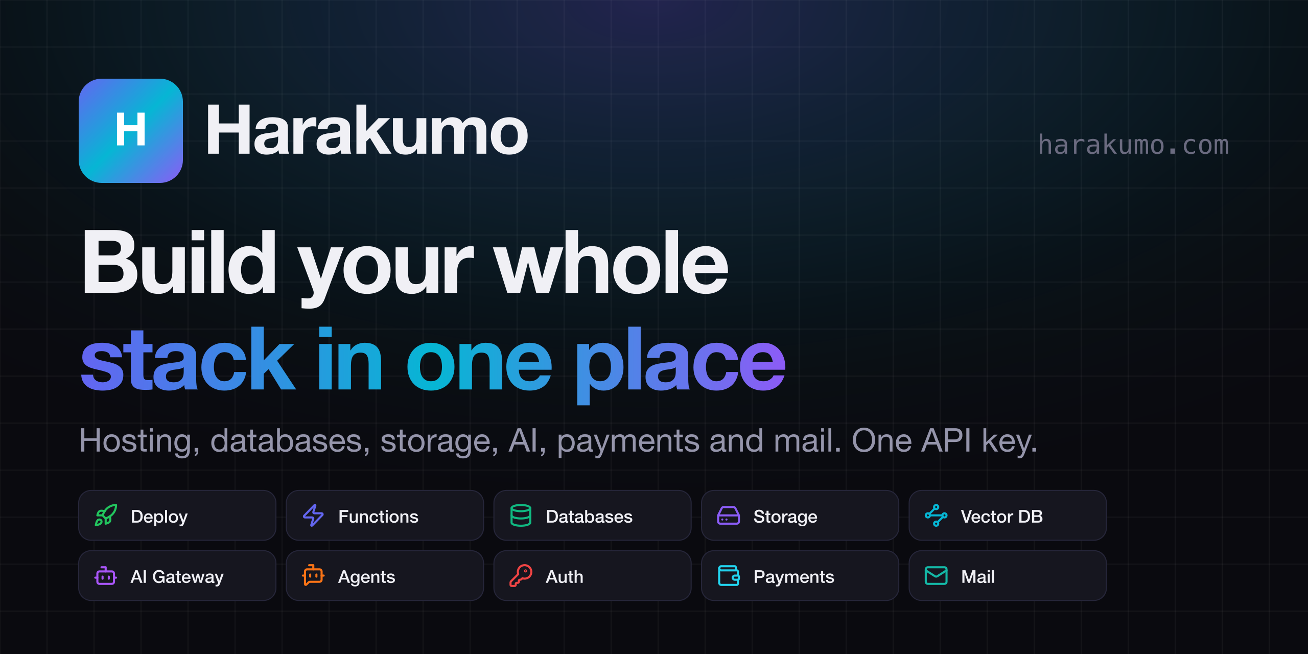 Harakumo repository preview: the logo, "Build your whole stack in one place", "Hosting, databases, storage, AI, payments and mail. One API key." and two rows of services