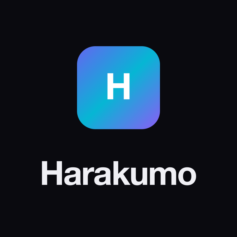Harakumo stacked logo: the mark above the name, on a dark square