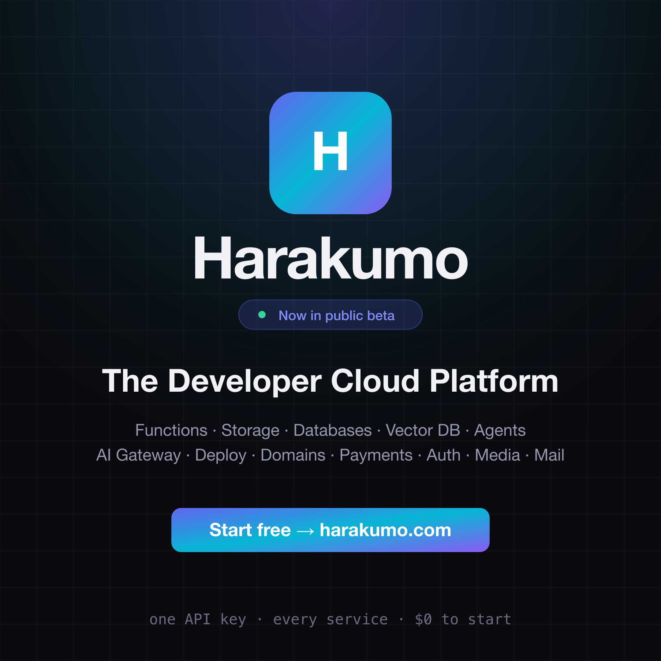 Harakumo launch card: the mark, "Now in public beta", "The Developer Cloud Platform" and the list of services